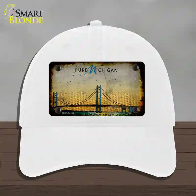 Pure Michigan Mackinac Bridge Rusty Novelty License Plate Hat Unconstructed Cotton / White