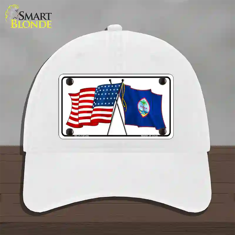 Guam Crossed US Flag Novelty License Plate Hat Unconstructed Cotton / White