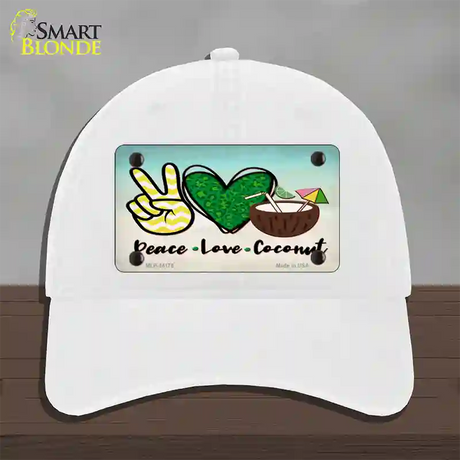 Peace Love Coconut Novelty License Plate Hat Unconstructed Cotton / White