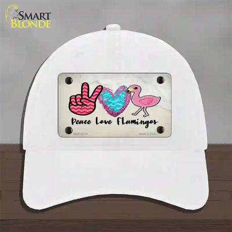 Peace Love Flamingos Novelty License Plate Hat Unconstructed Cotton / White