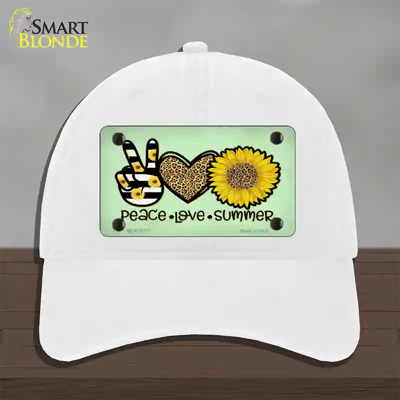 Peace Love Summer Sunflower Novelty License Plate Hat Unconstructed Cotton / White