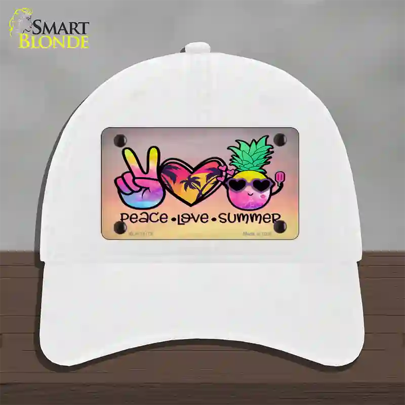 Peace Love Summer Novelty License Plate Hat Unconstructed Cotton / White