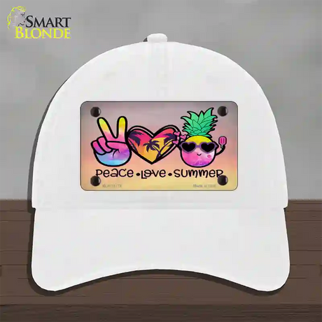 Peace Love Summer Novelty License Plate Hat Unconstructed Cotton / White