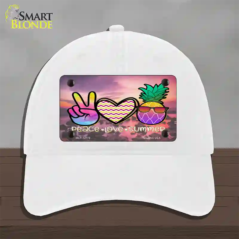 Peace Love Summer Pineapple BeachNovelty License Plate Hat Unconstructed Cotton / White