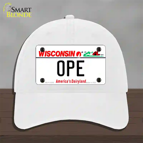 Ope Wisconsin Novelty License Plate Hat Unconstructed Cotton / White