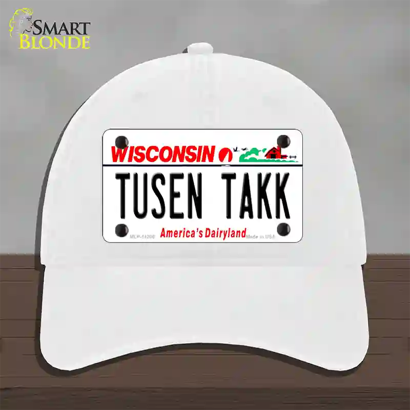 Tusen Takk Wisconsin Novelty License Plate Hat Unconstructed Cotton / White