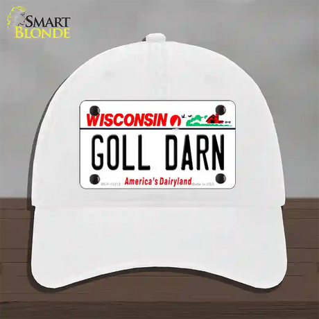 Goll Darn Wisconsin Novelty License Plate Hat Unconstructed Cotton / White