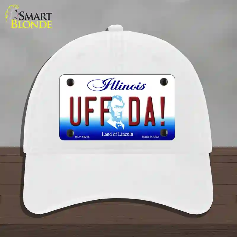 Uff Da Illinois Novelty License Plate Hat Unconstructed Cotton / White