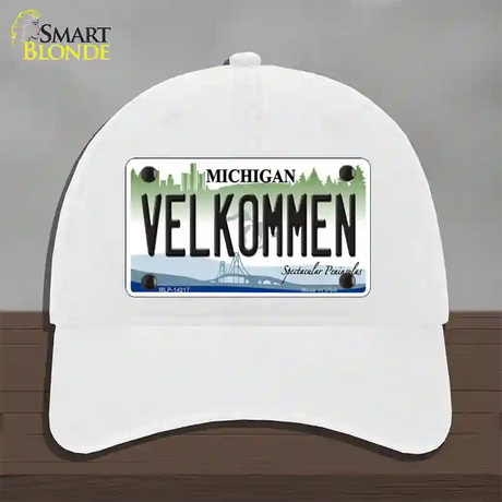 Velkommen Michigan Novelty License Plate Hat Unconstructed Cotton / White