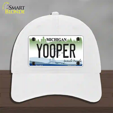 Yooper Michigan Novelty License Plate Hat Unconstructed Cotton / White