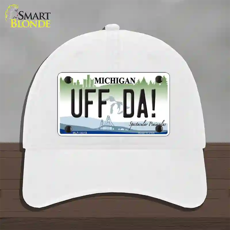 Uff Da Michigan Novelty License Plate Hat Unconstructed Cotton / White