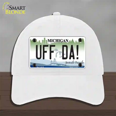 Uff Da Michigan Novelty License Plate Hat Unconstructed Cotton / White