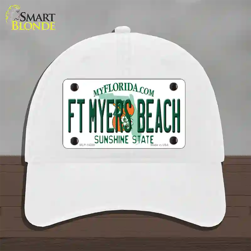 Florida FT Myers Beach Novelty License Plate Hat Unconstructed Cotton / White