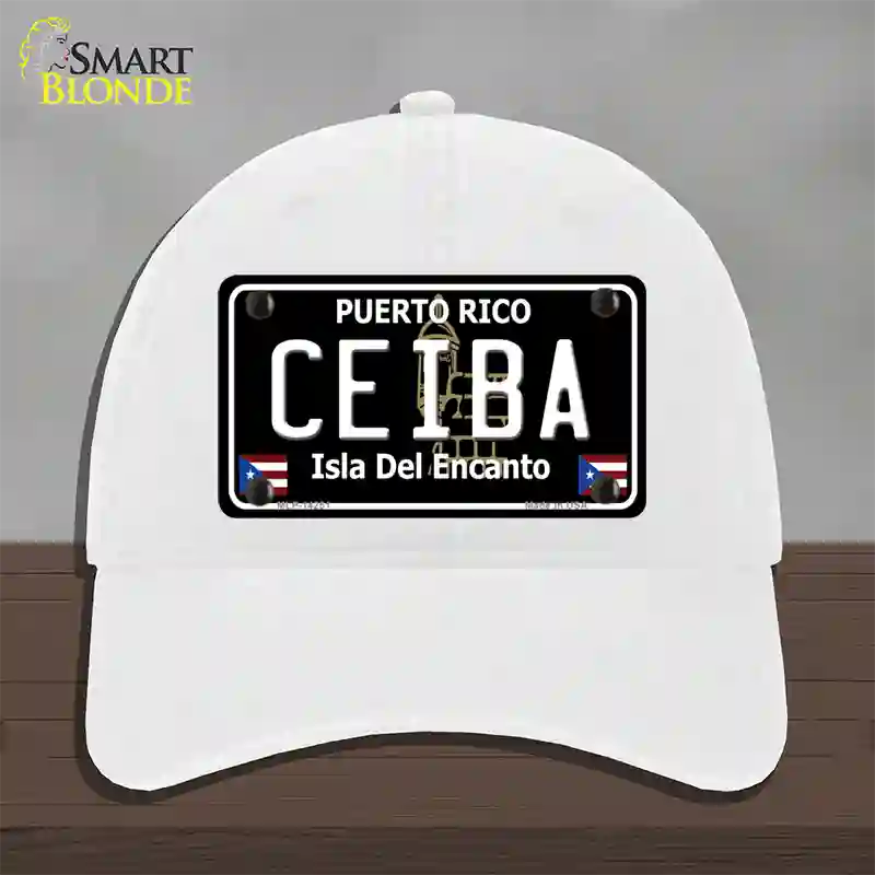 Ceiba Puerto Rico Black Novelty License Plate Hat Unconstructed Cotton / White