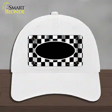 Waving Checkered Flag With Black Center Oval Novelty License Plate Hat Unconstructed Cotton / White