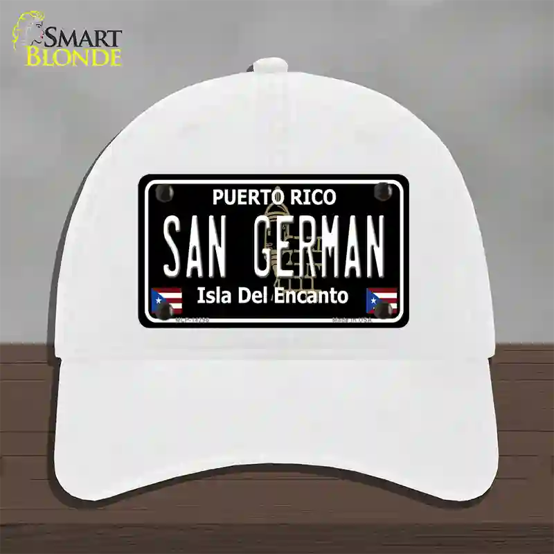 San German Puerto Rico Black Novelty License Plate Hat Unconstructed Cotton / White