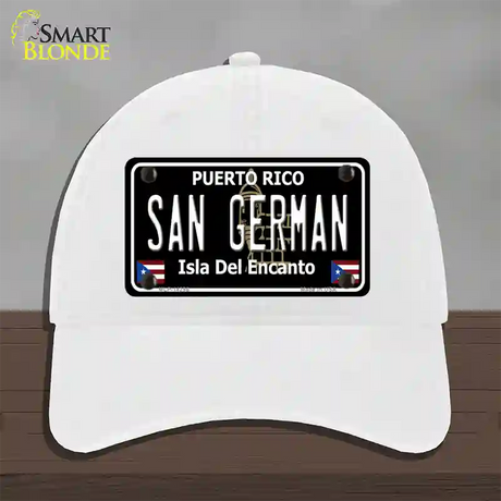 San German Puerto Rico Black Novelty License Plate Hat Unconstructed Cotton / White