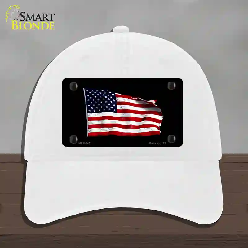 Waving American Flag Black Novelty License Plate Hat Unconstructed Cotton / White