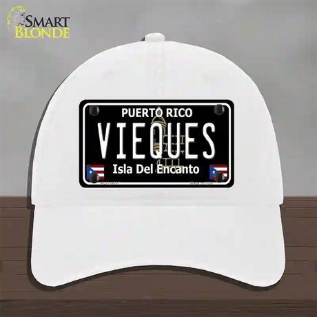 Vieques Puerto Rico Black Novelty License Plate Hat Unconstructed Cotton / White