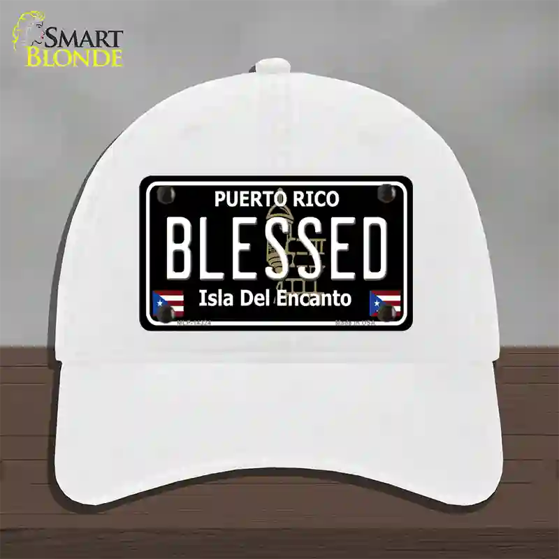 Blessed Puerto Rico Black Novelty License Plate Hat Unconstructed Cotton / White