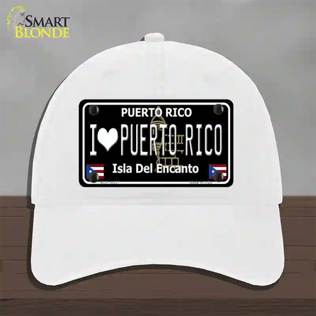 I Love Puerto Rico Black Novelty License Plate Hat Unconstructed Cotton / White