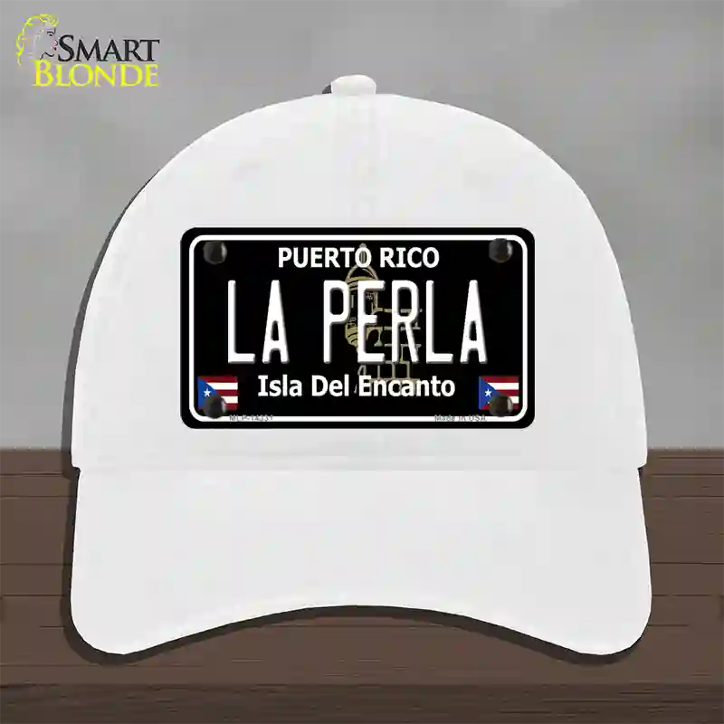 La Perla Puerto Rico Black Novelty License Plate Hat Unconstructed Cotton / White