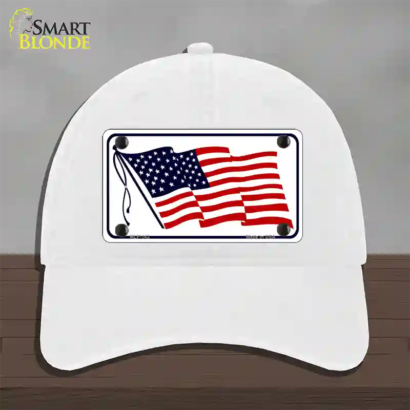 American Flag Waving White Novelty License Plate Hat Unconstructed Cotton / White