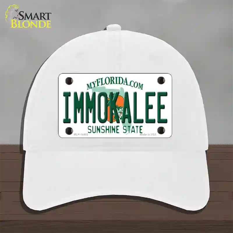 Immokalee Florida Novelty License Plate Hat Unconstructed Cotton / White