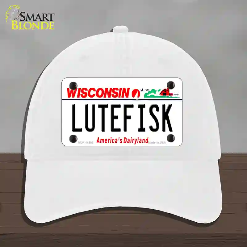 Lutefisk Wisconsin Novelty License Plate Hat Unconstructed Cotton / White