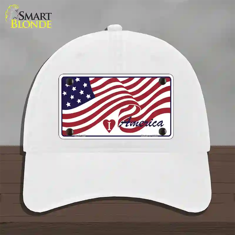 I Love America Flag Novelty License Plate Hat Unconstructed Cotton / White