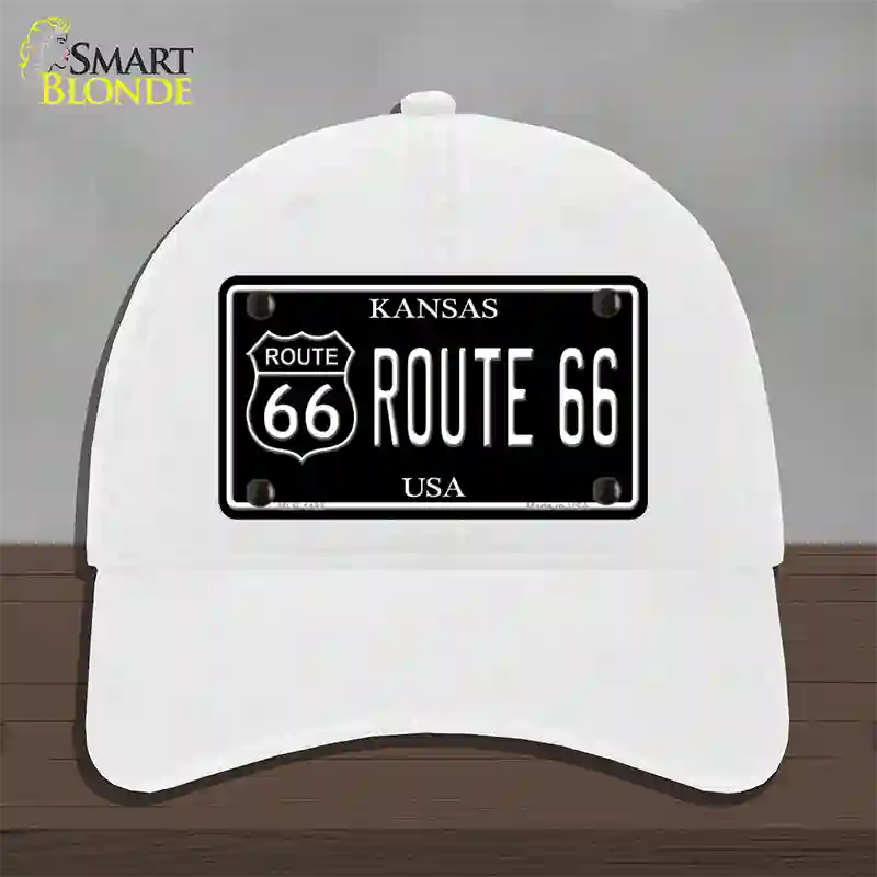 Route 66 Kansas Black Novelty License Plate Hat Unconstructed Cotton / White