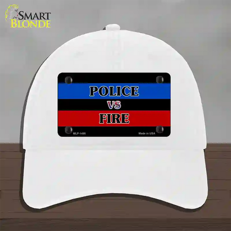 Police Vs. Fire Novelty License Plate Hat Unconstructed Cotton / White