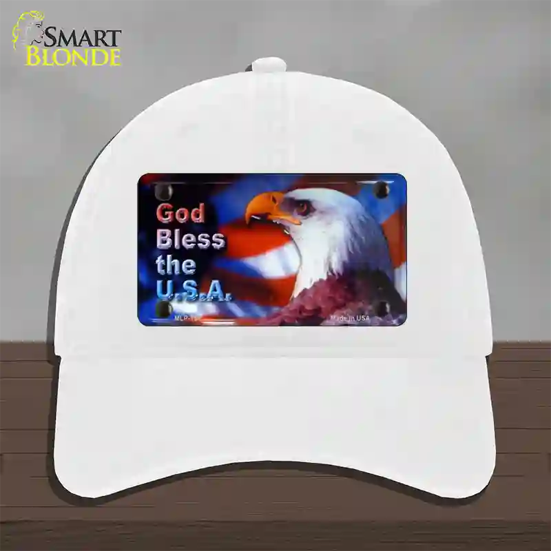 God Bless USA Eagle Novelty License Plate Hat Unconstructed Cotton / White