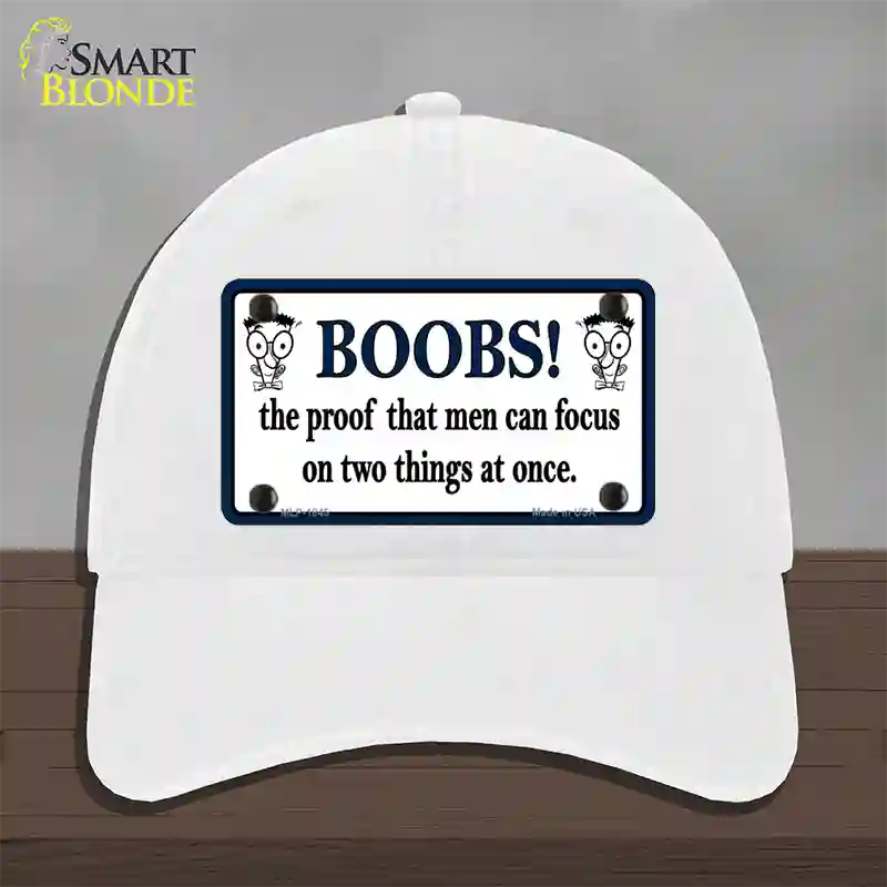 Boobs Proof Novelty License Plate Hat Unconstructed Cotton / White