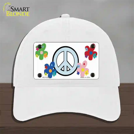 Peace Sign and Flowers Novelty License Plate Hat Unconstructed Cotton / White