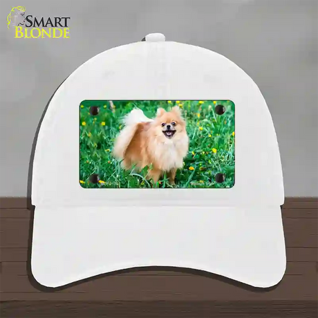 Pomeranian Dog Novelty License Plate Hat Unconstructed Cotton / White