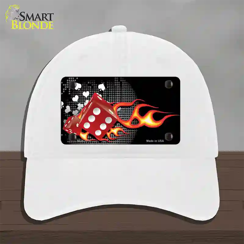 Fire Dice Flame Novelty License Plate Hat Unconstructed Cotton / White