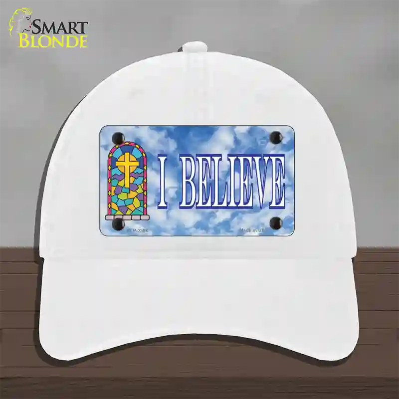 I Believe Novelty License Plate Hat Unconstructed Cotton / White