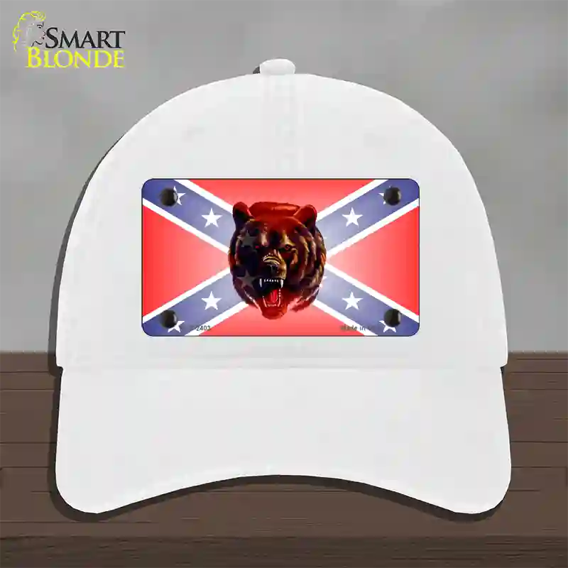 Confederate Flag Grizzly Bear Novelty License Plate Hat Unconstructed Cotton / White