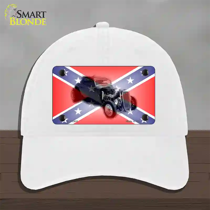 Confederate Flag Hot Rod Novelty License Plate Hat Unconstructed Cotton / White