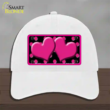 Hot Pink Black Polka Dot Hot Pink Center Hearts Novelty License Plate Hat Unconstructed Cotton / White