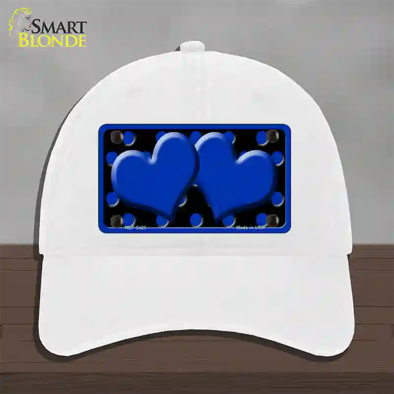 Blue Black Polka Dot Blue Center Hearts Novelty License Plate Hat Unconstructed Cotton / White