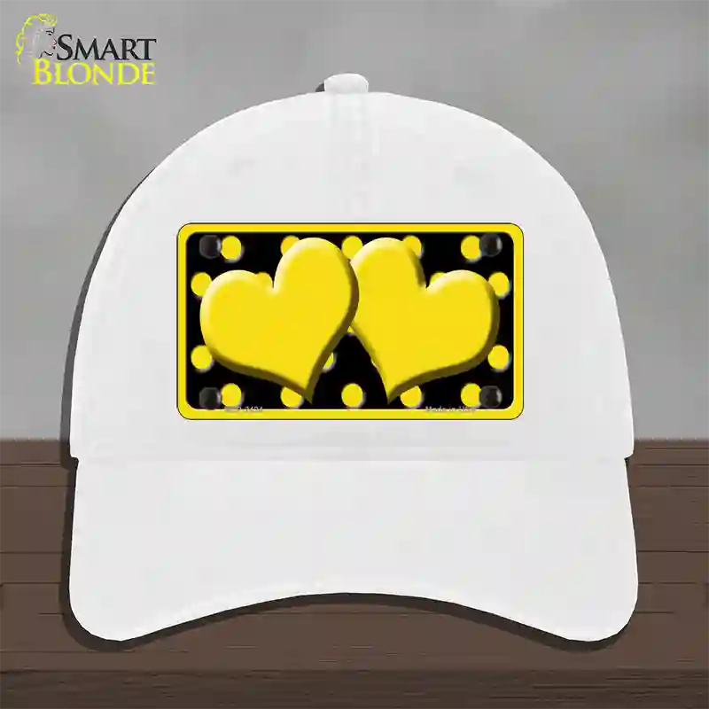 Yellow Black Polka Dot Yellow Center Hearts Novelty License Plate Hat Unconstructed Cotton / White