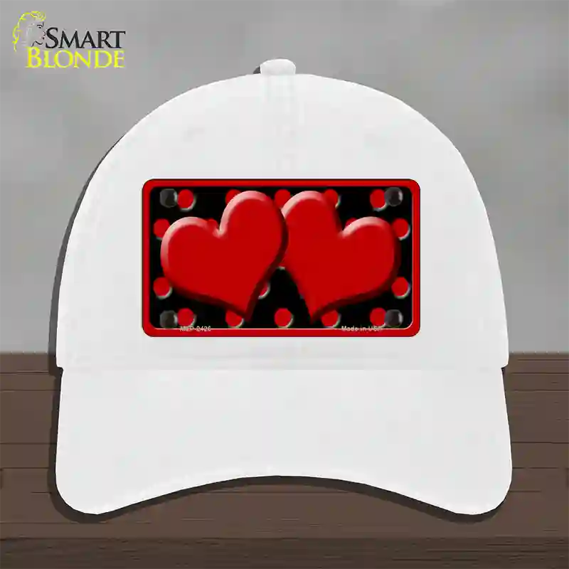 Red Black Polka Dot Red Center Hearts Novelty License Plate Hat Unconstructed Cotton / White