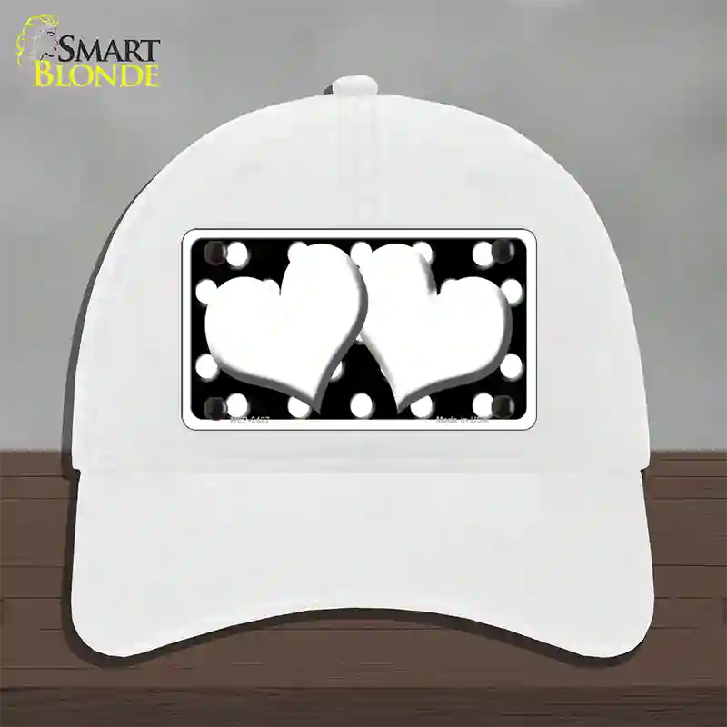 White Black Polka Dot Black Center Hearts Novelty License Plate Hat Unconstructed Cotton / White