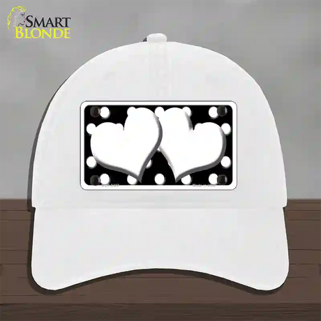 White Black Polka Dot Black Center Hearts Novelty License Plate Hat Unconstructed Cotton / White