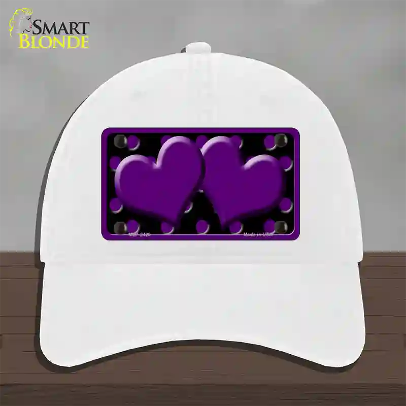 Purple Black Polka Dot Purple Center Hearts Novelty License Plate Hat Unconstructed Cotton / White