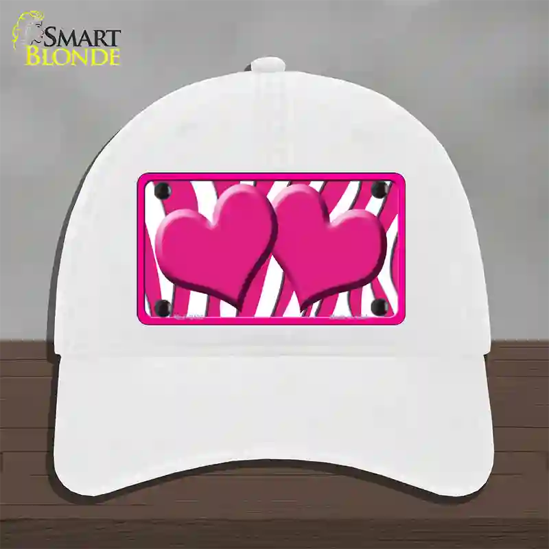 Hot Pink White Zebra Hot Pink Centered Hearts Novelty License Plate Hat Unconstructed Cotton / White