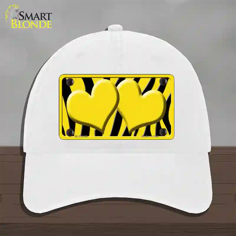 Yellow Black Zebra Yellow Centered Hearts Novelty License Plate Hat Unconstructed Cotton / White