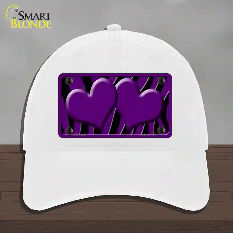 Purple Black Zebra Purple Centered Hearts Novelty License Plate Hat Unconstructed Cotton / White